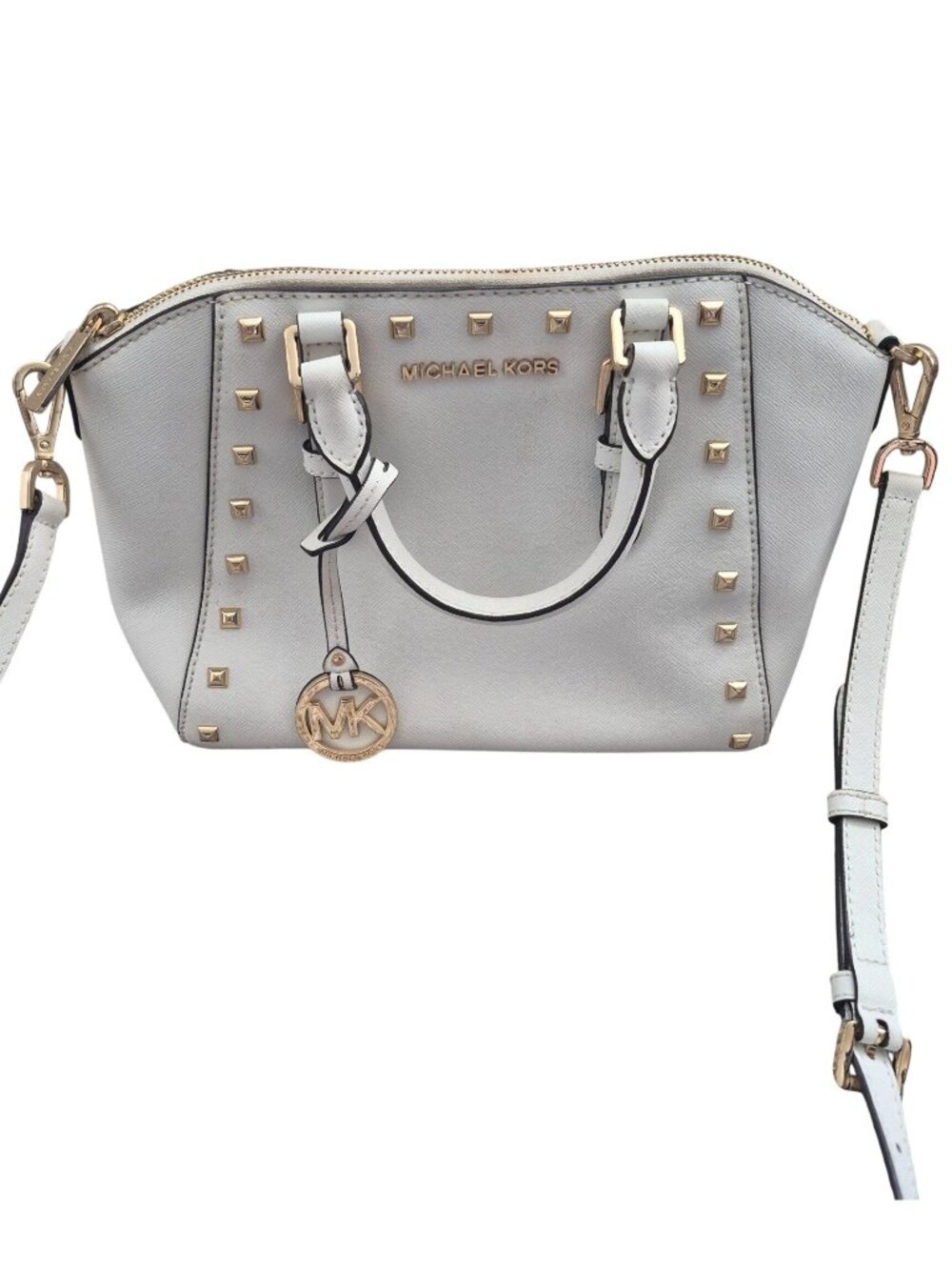 Michael Kors White Studded Tote Purse Gold Hardware Adjustable Crossbody Strap
